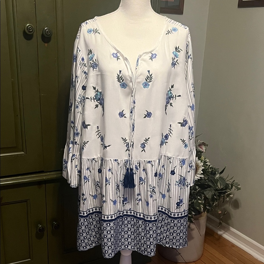 Woman Within Boho White Dress or Tunic with Blue Floral Embroidery, 2X